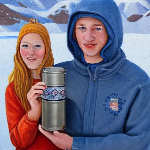 Prompt: a highly detailed painting of a young couple holding a tin can, remote icelandic village, blonde hair, trending on artstation,