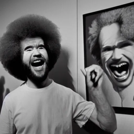 Image similar to bob ross screaming at andy warhol