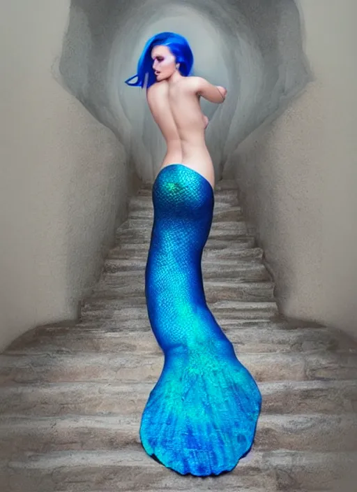 Prompt: hyper realistic fashion photography of a beautiful mermaid with a beautiful blue tail