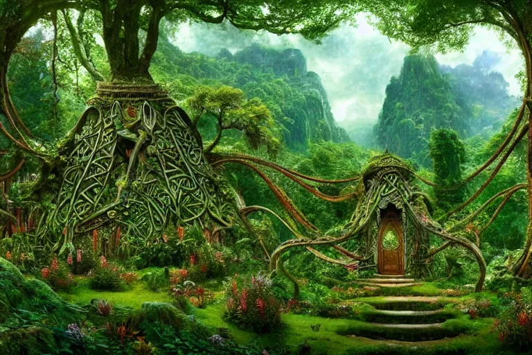 Prompt: a beautiful and highly detailed digital painting of an elven structure in a lush detailed forest in a beautiful valley, psychedelic trees and plants and flowers, celtic, intricate details, epic scale, 8 k, sharp focus, photorealism, artstation, cgsociety, by caspar friedrich, albert bierstadt, james gurney, brian froud,