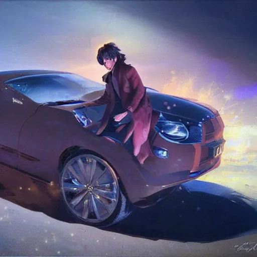 Prompt: David Copperfield face printed on a magical body car, running fast on a californian highway, rays of light, particles light, kuvshinov ilya