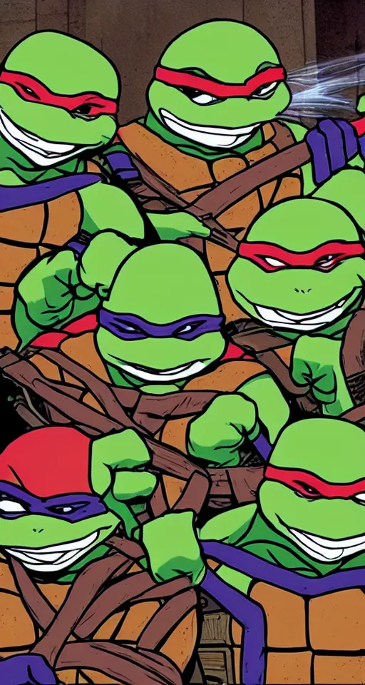 Image similar to the ninja turtles are smoking crack together in a dark alleyway