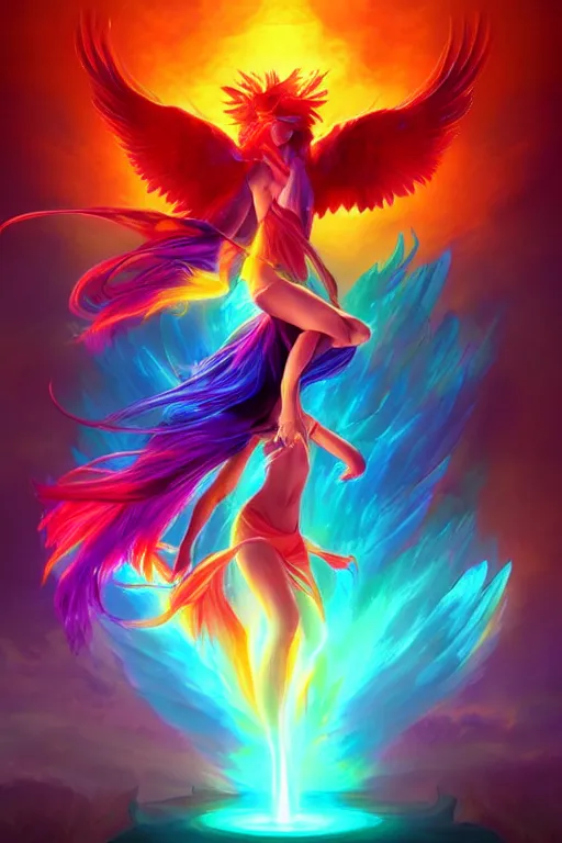 Image similar to rainbow colorful magic phoenix goddess, trending on artstation, cgsociety, artgerm, visually stunning, beautiful lighting, sunrise