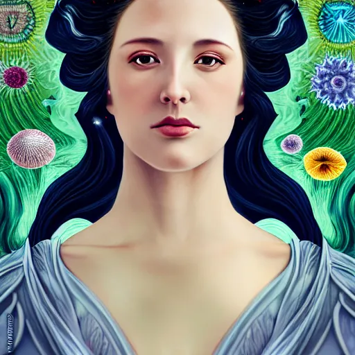 Image similar to portrait of a young attractive nerdy woman in flowing sensual dress, arrogant, long fine flowing hair, delicate, looking at camera, slightly awkward smile, realistic face, realistic hands, stylish, elegant, grimdark fantasy, flowers, extremely detailed painting inspired by Gerald Brom and Ernst Haeckel and Sandro Botticelli , studio lighting