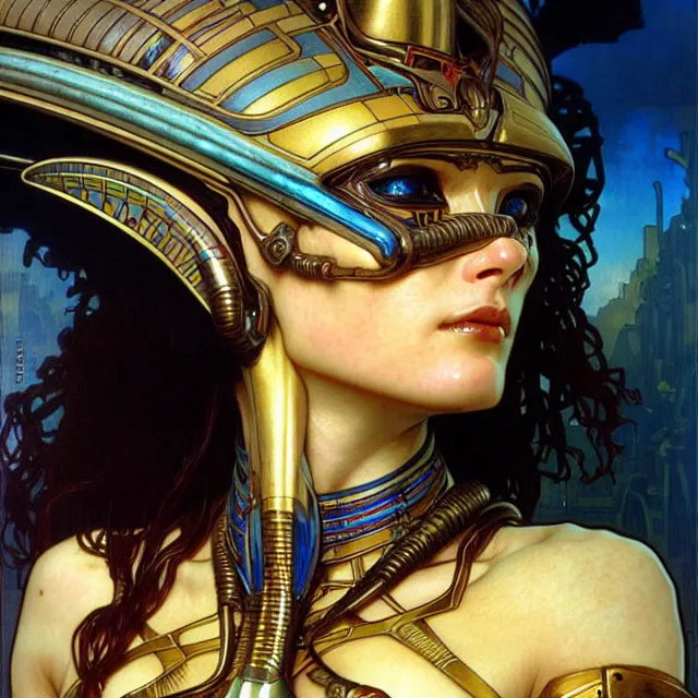 Prompt: realistic detailed face portrait of a beautiful futuristic egyptian warrior in alien cyberpunk armor by alphonse mucha, ayami kojima, amano, greg hildebrandt, and mark brooks, female, feminine, art nouveau, cyberpunk, neo - gothic, gothic, character concept design