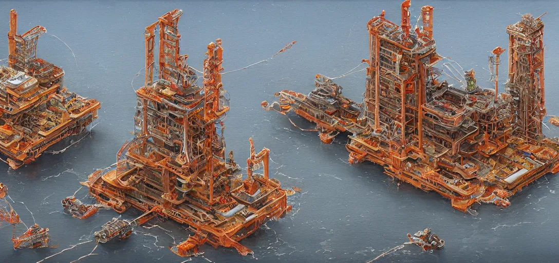 Prompt: an oil rig made of pizza, 80s style, intricate, hyper detailed, 8k, james gurney, greg rutkowski, john howe, artstation