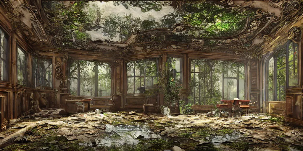 Image similar to abandoned restaurant on overgrown forest, fantasy, ornate, hyper realism, wet reflections, intricate, realistic, digital art, detailed, studio shot, unreal engine 5, octane, high definition, smooth, artstation, behance