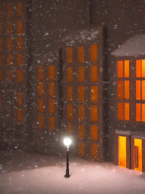 Image similar to detailed miniature diorama a soviet residential building, brutalism architecture, warm lights are on in the windows, man lies in the snow, dark night, fog, winter, blizzard, cozy and peaceful atmosphere, row of street lamps with warm orange light, several birches nearby