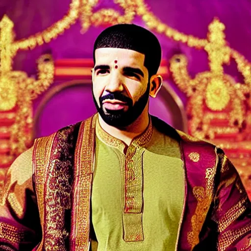 Prompt: drake the rapper wearing a kurta, hindu kovil scene, extremely realistic, drake's face