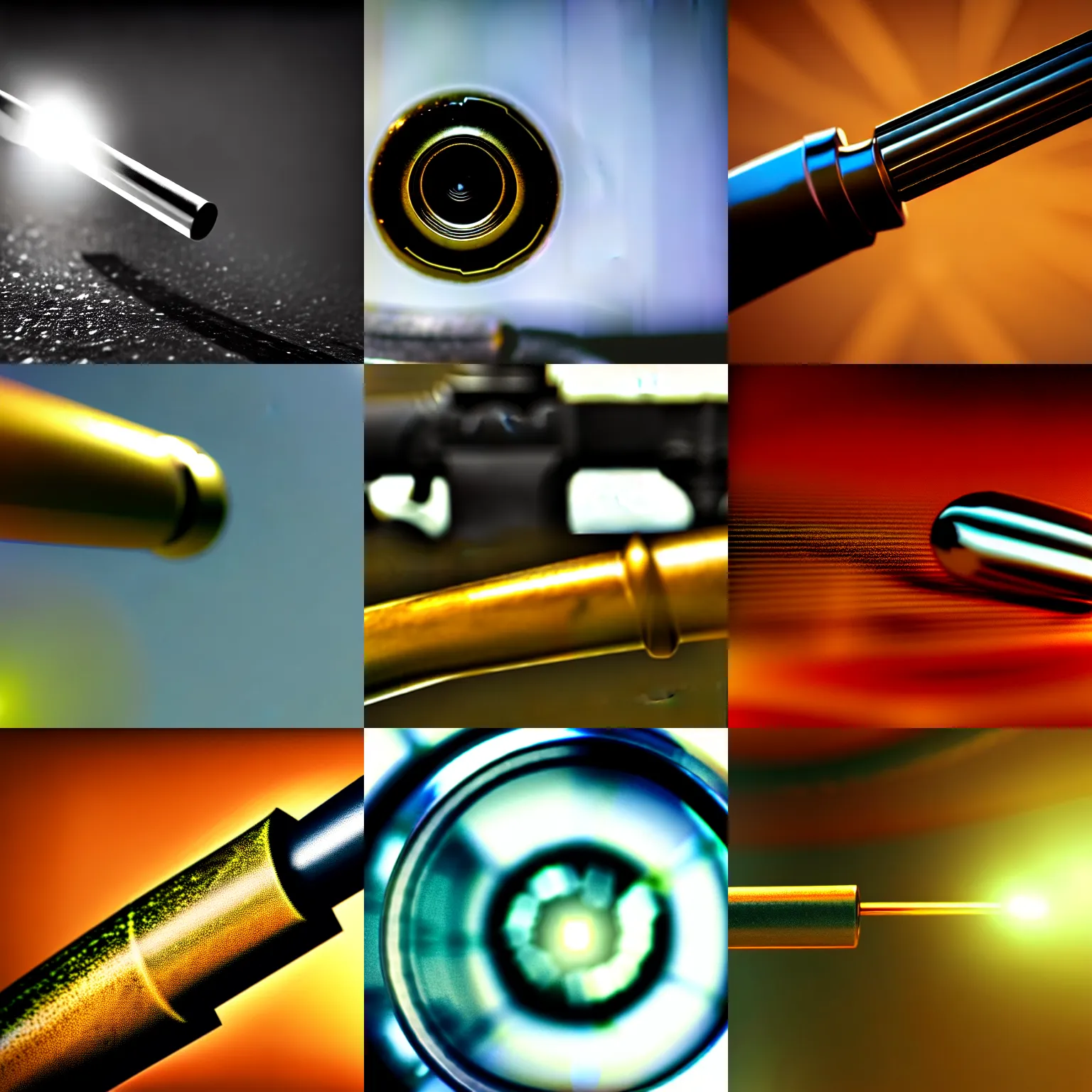 Image similar to macro shot of ultra detailed realistic bullet exiting rifle barrel, motion blur, global illumination