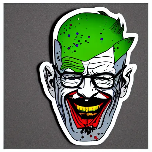 Prompt: die cut sticker, walter white wearing the joker suit, splatter paint