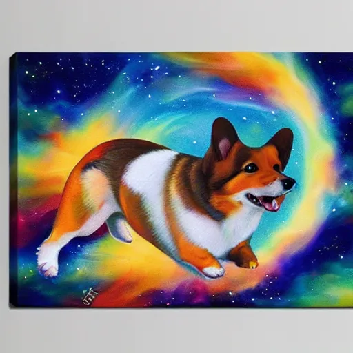 Prompt: happy corgi dog flying through cosmos, art painting