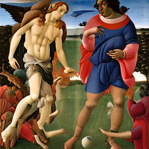 Image similar to painting of pele and maradona in heaven with a football ball, very detailled, by botticelli