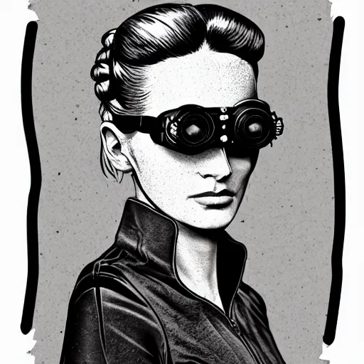 Image similar to tattooed stoic heroic emotionless dirty butch blonde woman engineer with very short slicked - back hair, uncomfortable awkward and anxious, wearing dark - lensed victorian goggles, wearing flight suit, moebius, rough paper, smooth median photoshop filter cutout vector, moebius, behance hd