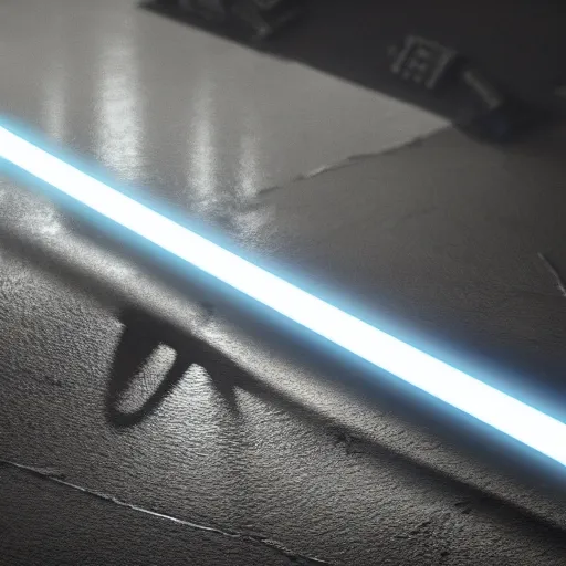 Image similar to ultra - detailed cinematic render, of a lightsaber hilt, lying vertically on a stone, lit up in a dark room, octane render, high quality, digital art, 8 k, jedi fallen order teaser, volumetric lighting