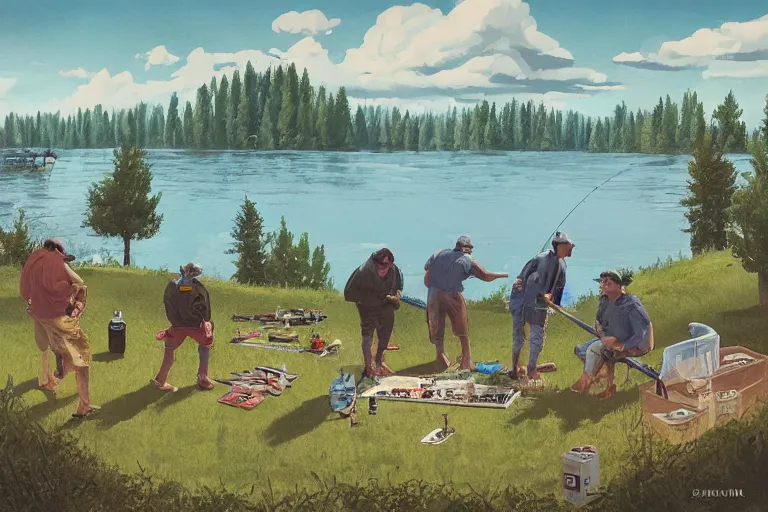 Image similar to mid - thirties guys binge drinking and fishing in front of a lake, in the style of simon stalenhag