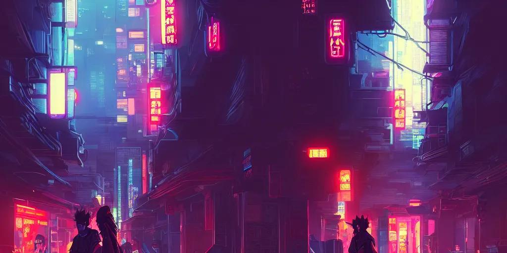 Image similar to digital illustration closeup of cyberpunk samurai in city street at night by makoto shinkai, ilya kuvshinov, lois van baarle, rossdraws, basquiat | afrofuturism, in the style of hearthstone, trending on artstation | cool color scheme