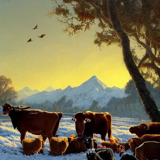 Prompt: an extremely detailed matte painting of a rancher feeding the animals at sunrise, tall rancher wearing a cowboy hat, dogs, cows, sheep, chickens, ducks, 4 k, ranch the morning after a light snowfall, by bob ross and norman rockwell