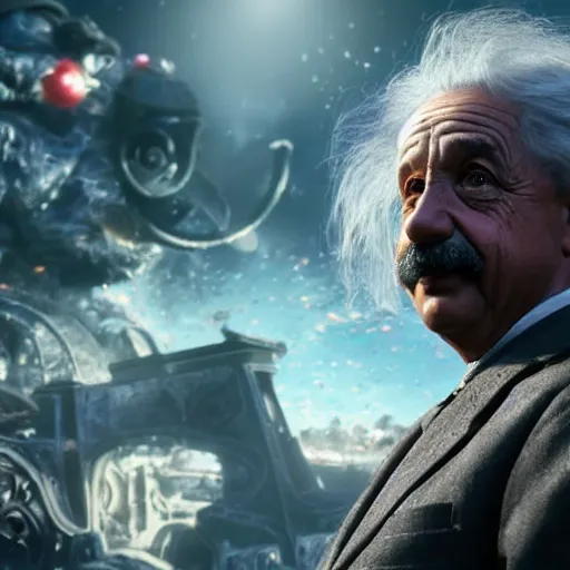 Image similar to albert einstein as willy wonka in gears of war, splash art, movie still, detailed face, photorealistic facial features, cinematic lighting, dramatic, octane render, long lens, shallow depth of field, bokeh, anamorphic lens flare, 8 k, hyper detailed, 3 5 mm film grain