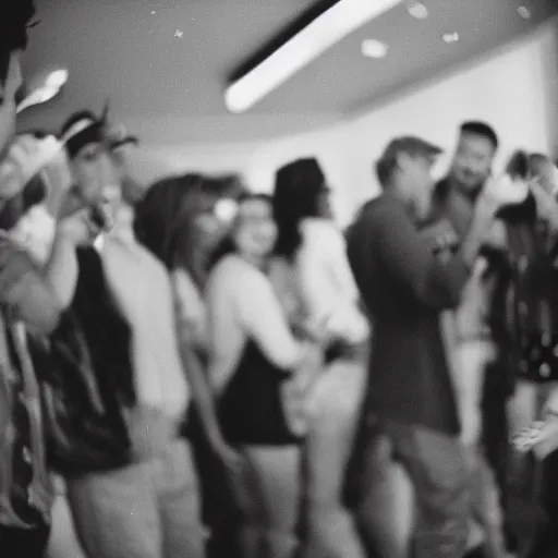 Prompt: a ultra high resolution people at a party standing in front of the camera. they laugh doumbly loudly. kodak etkar 1 0 0.