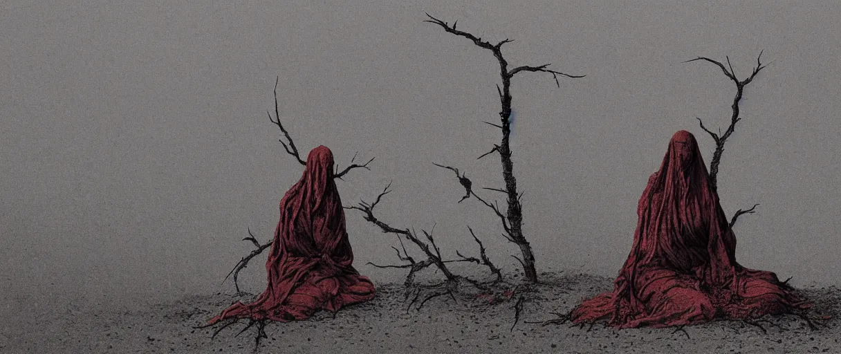 Image similar to mother and child, wrapped in thorns and wire, in a desolate, charred desert, high contrast, dark red, HDR, painted by zdzislaw beksinski