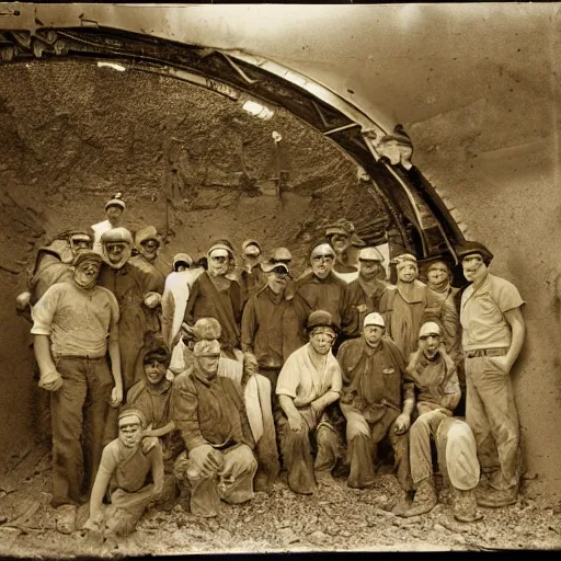 Prompt: a diverse group of alienated mine workers in a mine shaft, sepia, vintage photo, pinhole camera