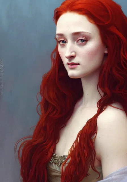 Image similar to portrait of sansa stark with long red hair, intricate, elegant, highly detailed, digital painting, artstation, concept art, smooth, sharp focus, illustration, art by artgerm and greg rutkowski and alphonse mucha and william - adolphe bouguereau