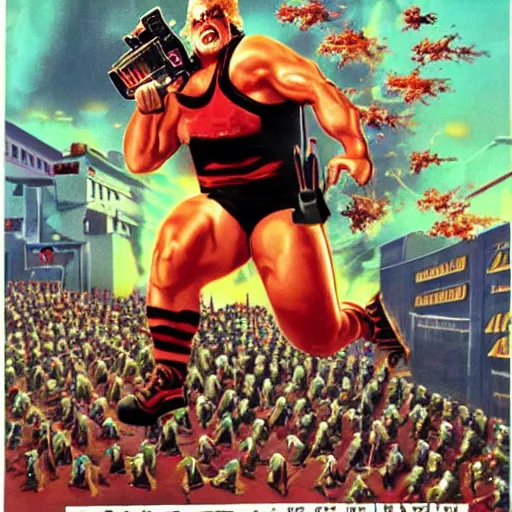 Prompt: Duke Nukem running from a swarm of angry clowns, videogame promotional art, 1990s