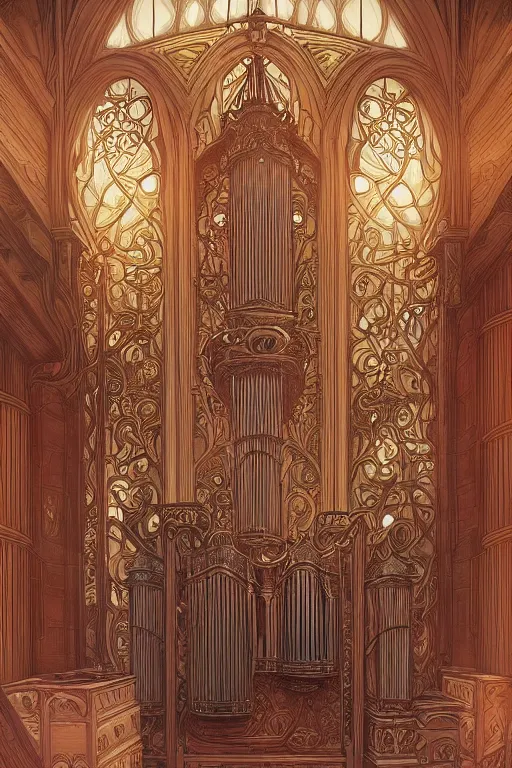 Image similar to pipe organ, d & d, fantasy, intricate, elegant, highly detailed, digital painting, artstation, concept art, smooth, sharp focus, illustration, art by artgerm and alphonse mucha and john howe