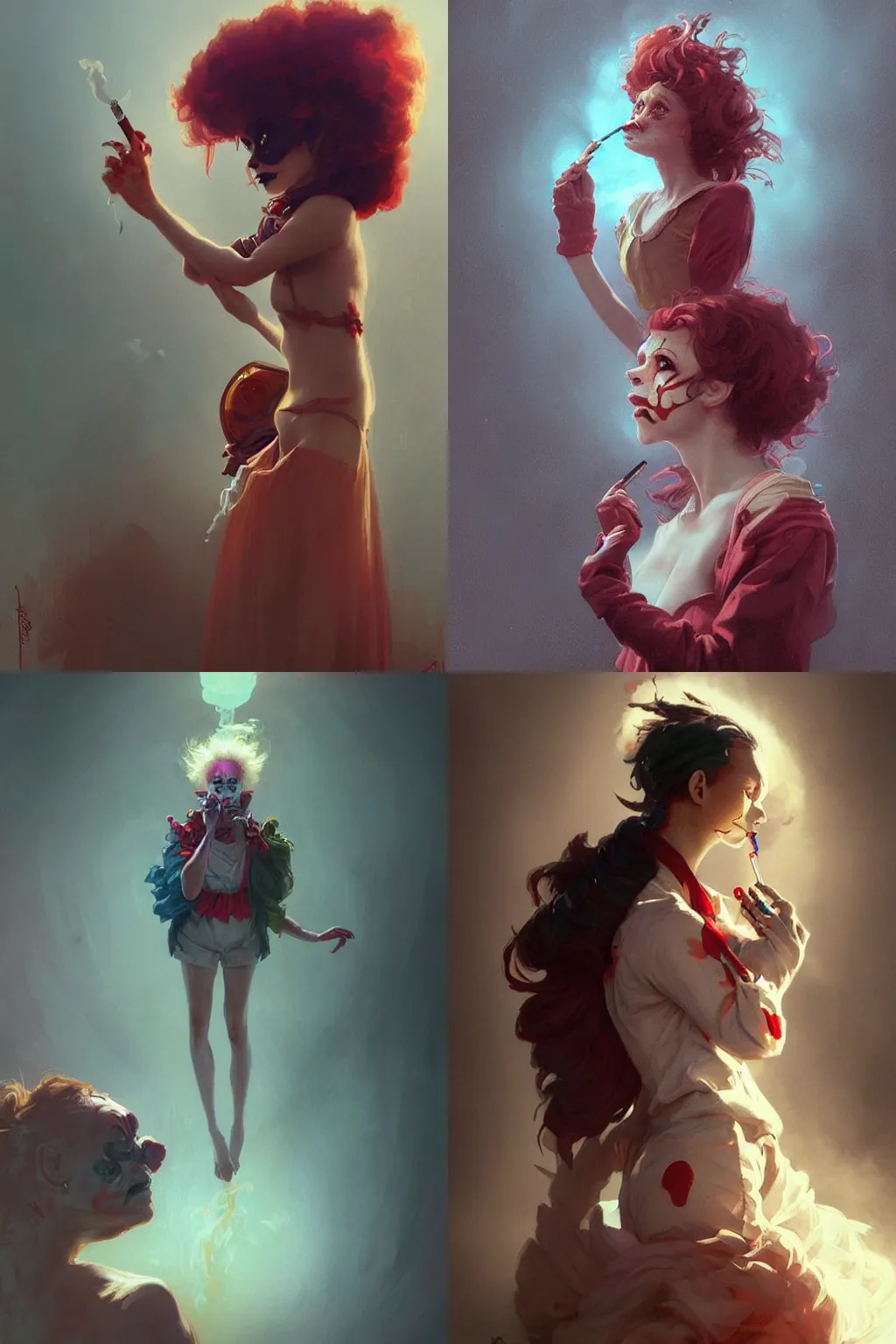 Image similar to creepy clown girl pondering nuclear destruction smoking a cigarette, highly detailed, digital painting, artstation, concept art, smooth, sharp focus, illustration, art by artgerm and greg rutkowski and alphonse mucha and loish and WLOP