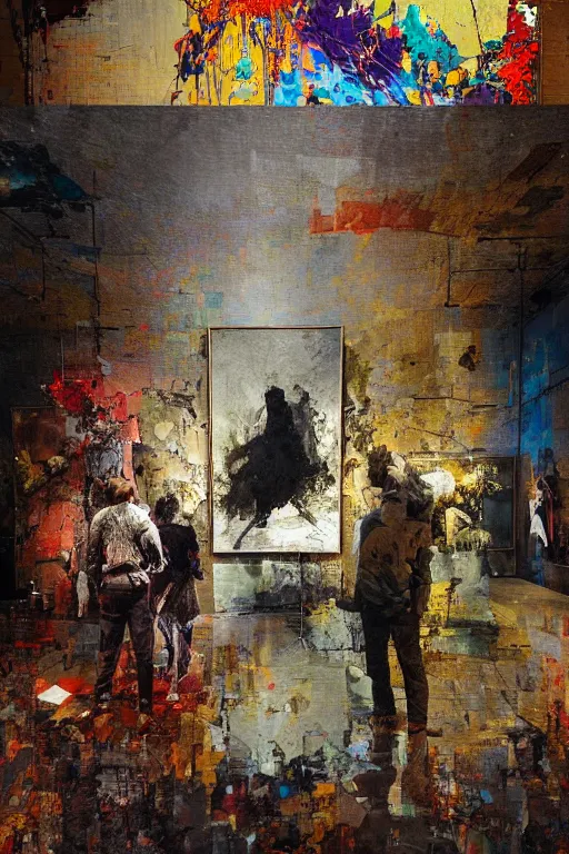 Image similar to a beautiful glitched painting by robert proch of people in front of a painting in a museum gallery, metal rust and plaster materials, pixel sorting, color bleeding, brushstrokes by jeremy mann, still life, dark colors