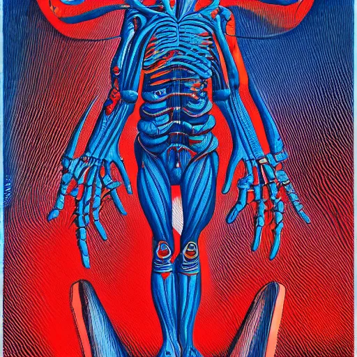 Image similar to anatomically correct diagram of alien, quadruped, h. r. giger, red and blue, 8 feet fall, monstrous, fiendish, high detail, cinematic, wes anderson