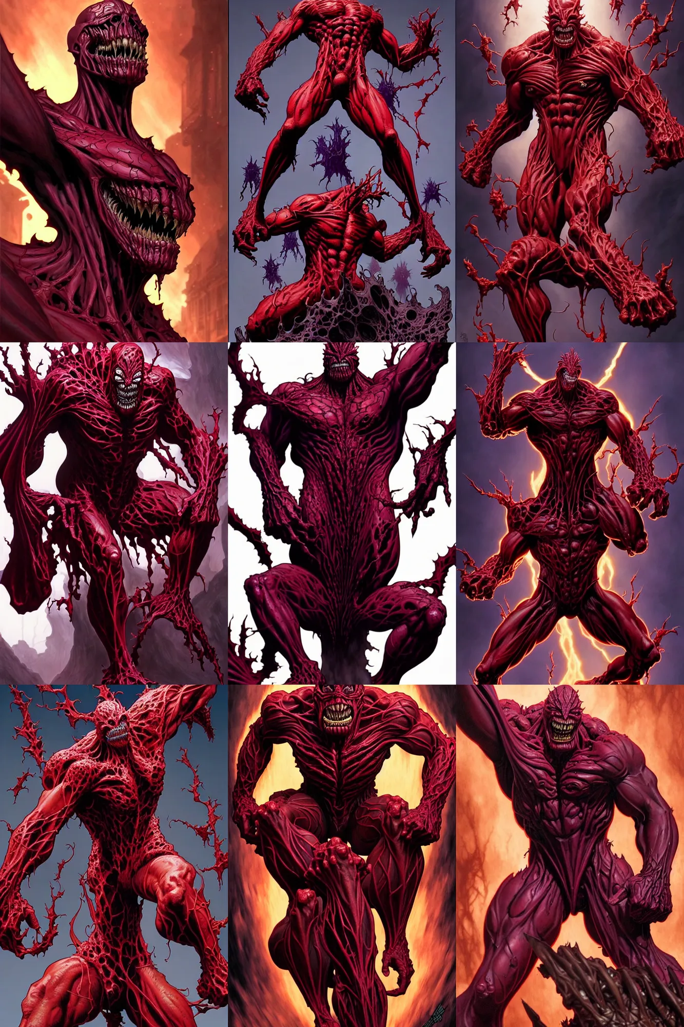 Prompt: the platonic ideal posing of cletus kasady carnage thanos nazgul, detailed, intricate, hyperrealism, intense, scary art by brock hofer and artgerm and greg rutkowski and alphonse mucha