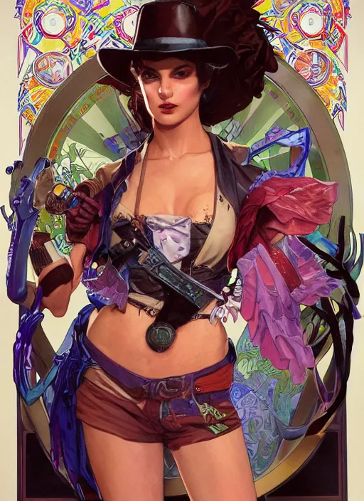 Prompt: portrait of ranger, wearing colorful bandana, latex costumes, colorful costumes, hd artstation, by alex ross, alphonse mucha, ayami kojima, amano, greg hildebrandt, and mark brooks, masculine, male, art nouveau, neo - gothic, gothic, character concept design, dynamic light, stylised illustration, disco elysium