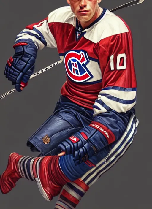 Image similar to ultra realistic illustration, handsome habs player. intricate, sainte flanelle suit, highly detailed, digital painting, artstation, concept art, smooth, sharp focus, illustration, art by artgerm and greg rutkowski and alphonse mucha and wlop