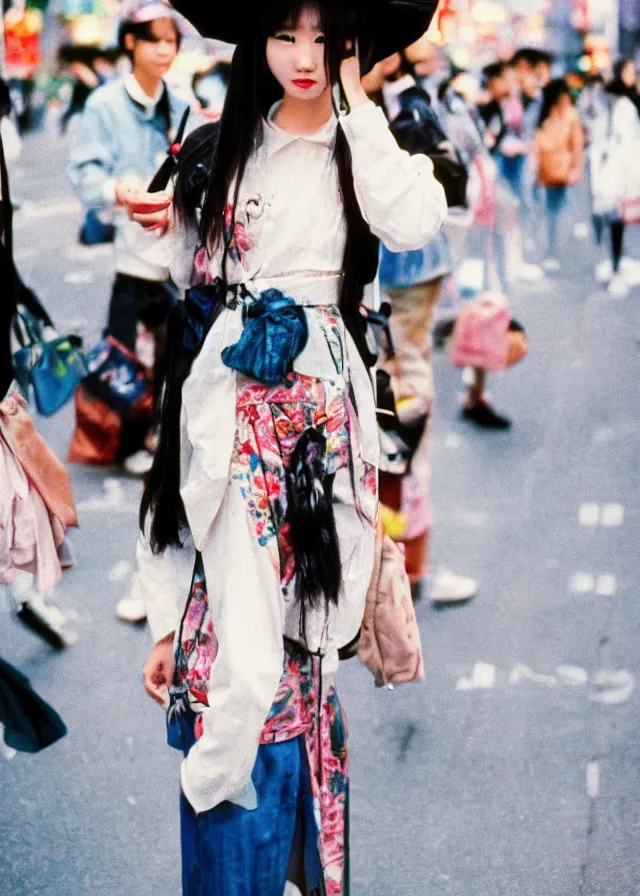 Image similar to a street fashion photograph of a cute japanese woman in 9 0 s fashion, in tokyo akihabara, shot on cinestill 5 0 d with a 3 5 mm at f / 2. 8 lens, highly detailed, fashion magazine print quality, photorealism, nineties nostalgia, 8 k