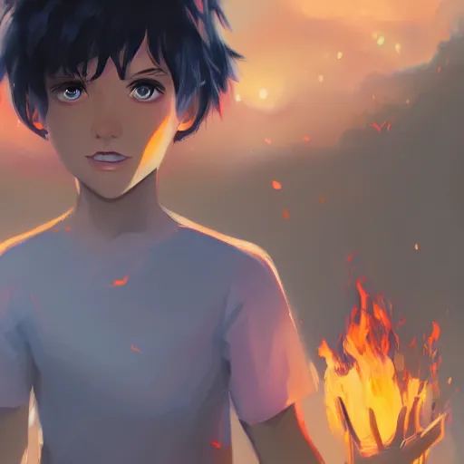 Prompt: a child with dark grey skin, blue eyes and short brown hair holding fire, highly detailed, digital painting, artstation, matte, by makoto shinkai, animation style