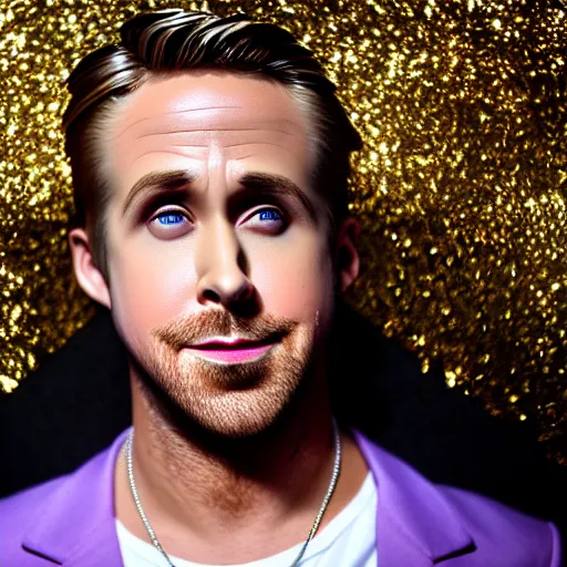 Image similar to Ryan Gosling with silver-violet hair, white eyes, inflated press and golden glittery dress, wide lens, diorama, 4k,