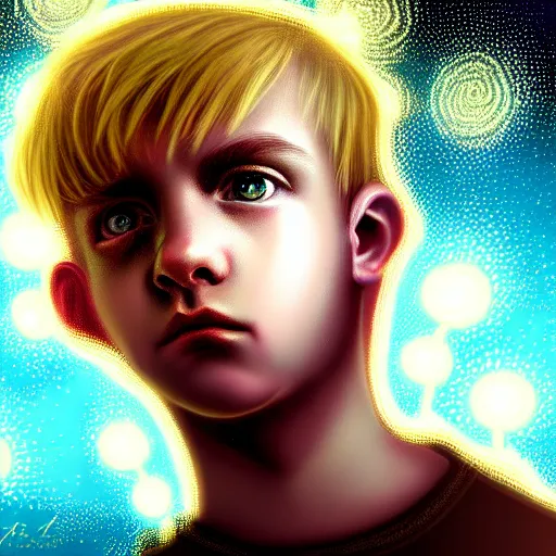 Prompt: powerful eyes glowing highly detailed painting of deep sadness alone, young blonde boy, fractal electricity surrounding him, expressive emotional sadness piece, trending on art station, abstract emotional sadness expression, very very very beautiful, fantasy digital art