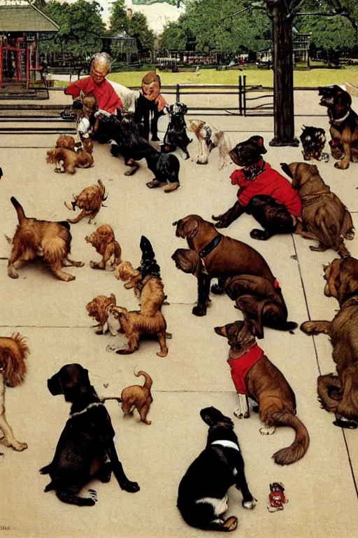 Prompt: a playground full of dogs by norman rockwell