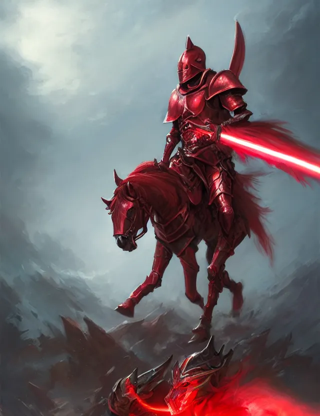 Image similar to a masked knight in crimson armour mounted on a spectral horse, holding a glowing red battle staff, by frank fazetta and peter mohrbacher, trending on artstation, digital art, 4 k resolution, detailed, high quality, sharp focus, hq artwork, coherent, insane detail, concept art, character concept, character full body portrait