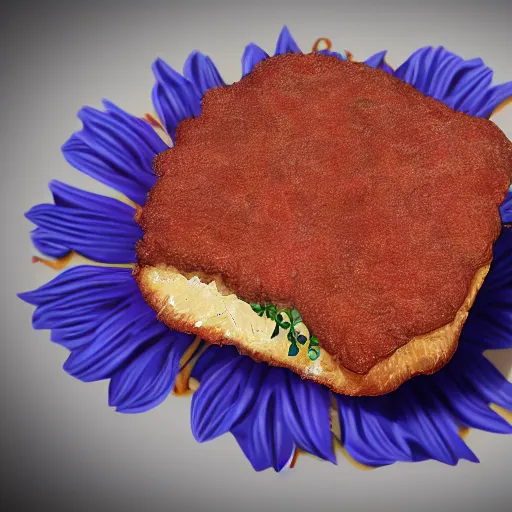 Prompt: epic illustration of a breaded steak with jam and a blue flower, best on artstation, cgsociety, much detail, much wow, masterpiece