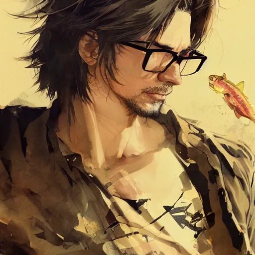 Prompt: a handsome young guy with very long brownish! hair, with nerdy glasses holding a flounder fish! painting by yoji shinkawa, alphonse murac, craig mullins, sui ishida, yoshikata amano, collaborative painting, very detailed and high quality, 4 k, 8 k, artstation