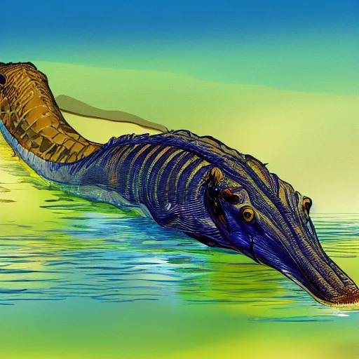 Image similar to curious indian gharial playing in the water going down a slide, artstation, colorful
