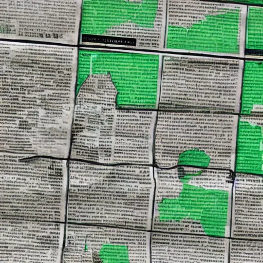 Image similar to collage, newspaper texture buildings, papercut, , background green color