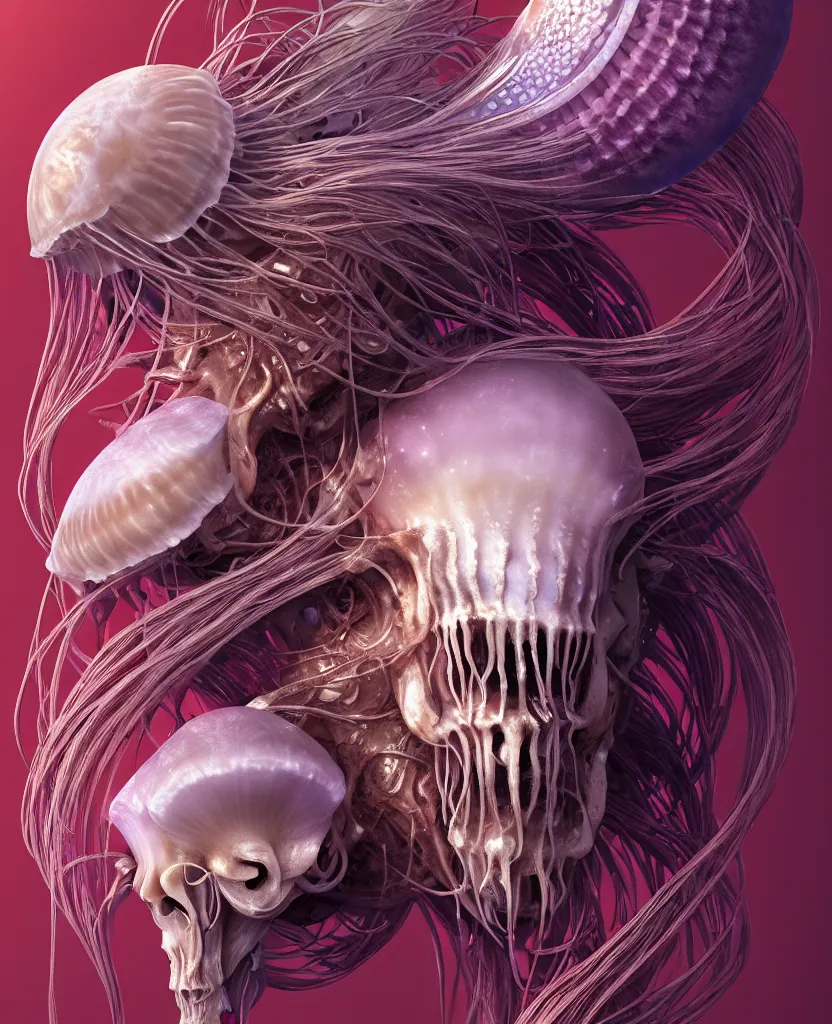 Image similar to goddess close-up portrait ram skull. jellyfish phoenix head, nautilus, orchid, ram skull, betta fish, bioluminiscent creatures, intricate artwork by Tooth Wu and wlop and beeple. octane render, trending on artstation, greg rutkowski very coherent symmetrical artwork. cinematic, hyper realism, high detail, octane render, 8k