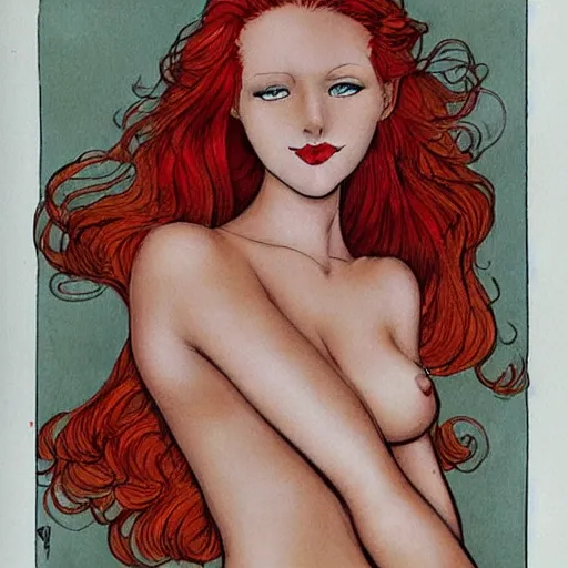 Image similar to a beautiful redhead girl, milo manara style