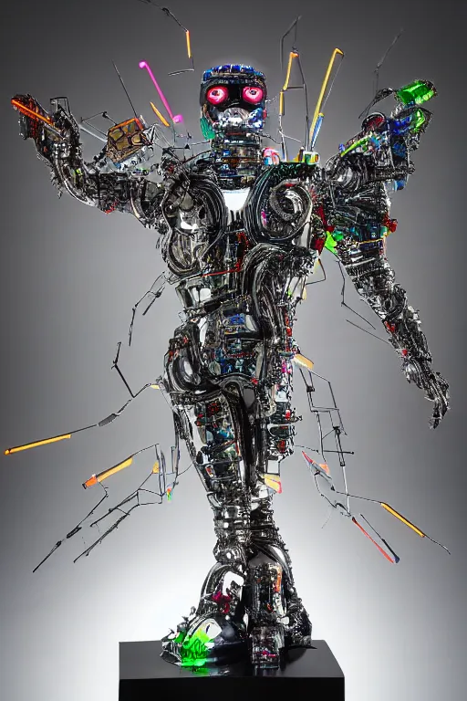 Image similar to full-body cyberpunk style chrome sculpture of a young handsome Latino prince as a half android with a chest opening exposing circuitry and electric sparks, glowing laser beam eyes, crown of giant diamonds, flowing neon-colored silk, fabric, raptors. baroque elements. full-length view. baroque element. intricate artwork by caravaggio. many many birds birds on background. Trending on artstation, octane render, cinematic lighting from the right, hyper realism, octane render, 8k, depth of field, 3D