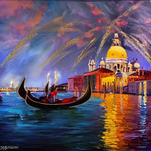 Image similar to an oil painting of fireworks, with happy people in venice