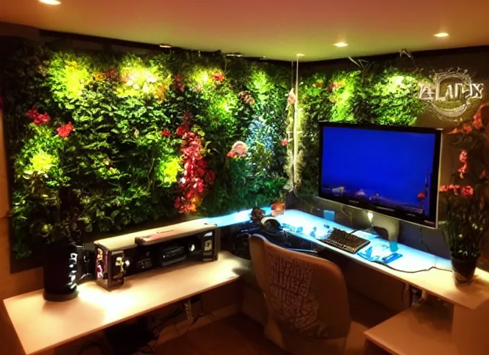 Prompt: ultimate PC gaming room, LED lights, plants, interior design